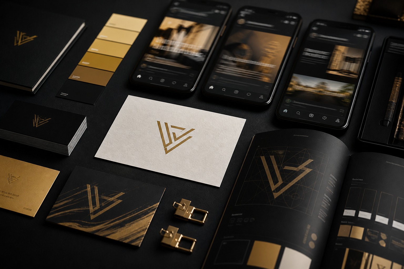Premium brand identity design showcase with logos, social media and brand materials